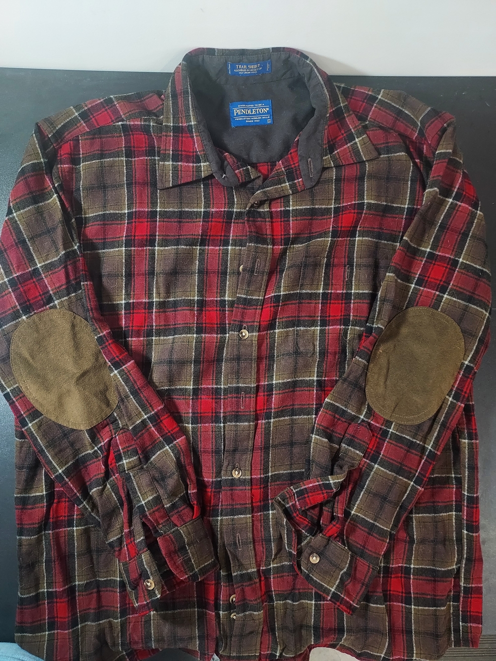 Pendleton Men’s Red & Brown Plaid Wool Shirt with Elbow Patches